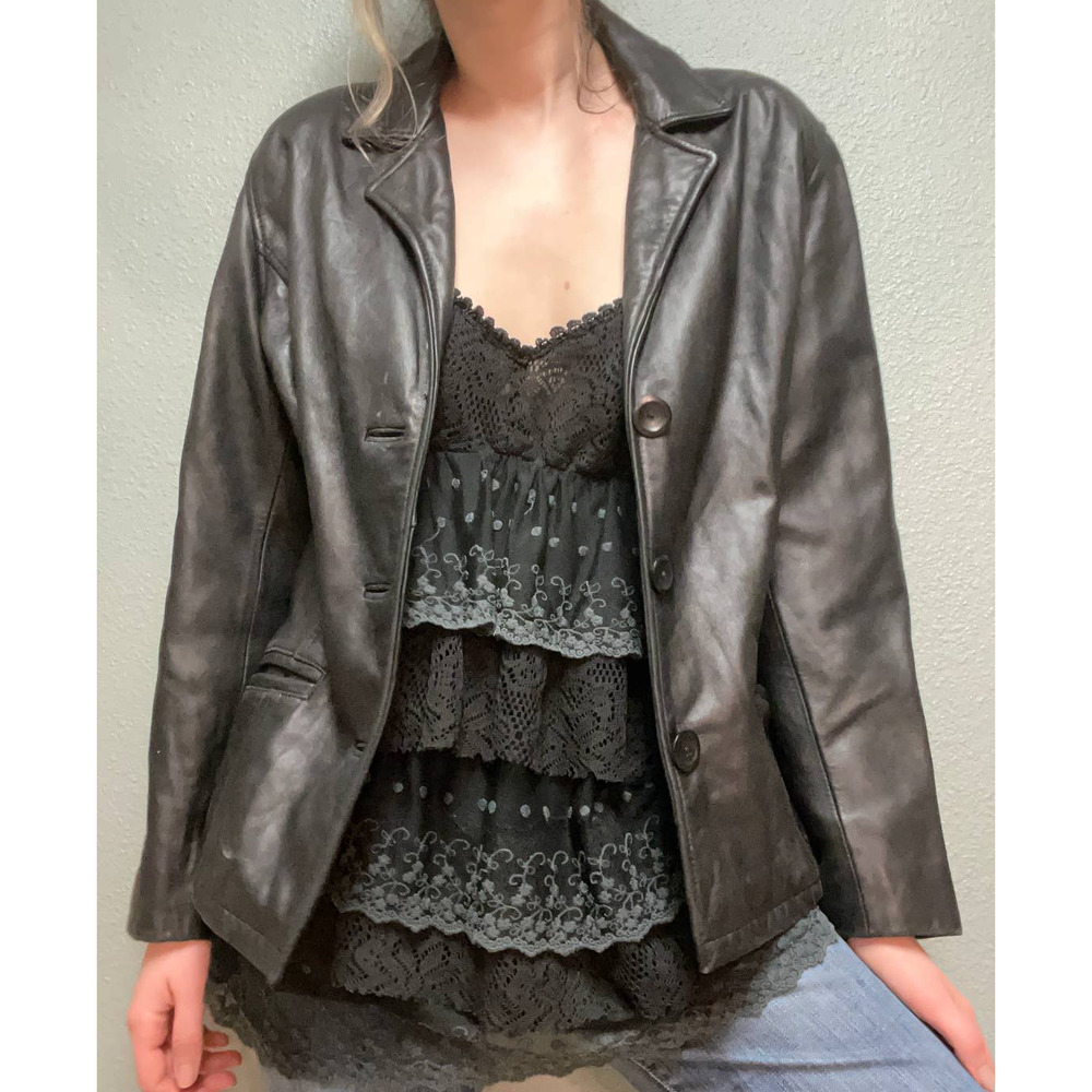 Vintage 90s Leather Blazer Jacket Jones New York Goth Grunge Retro Collared